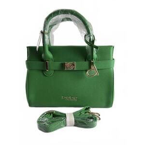 Bebe Evie Satchel Bright Green Handbag with Matching Card Holder & Gold Hardware